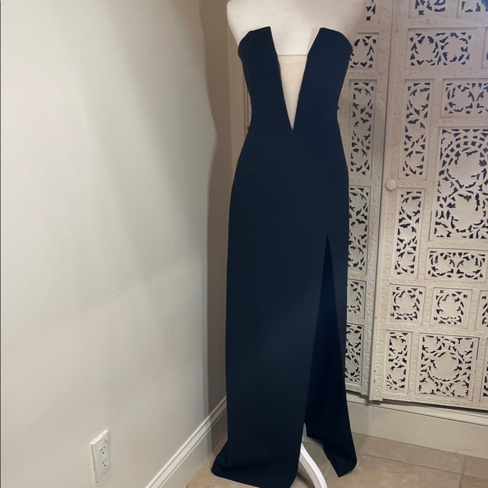 Strapless Black Evening Gown with Plunging V and Front Slit - Picture 2 of 11